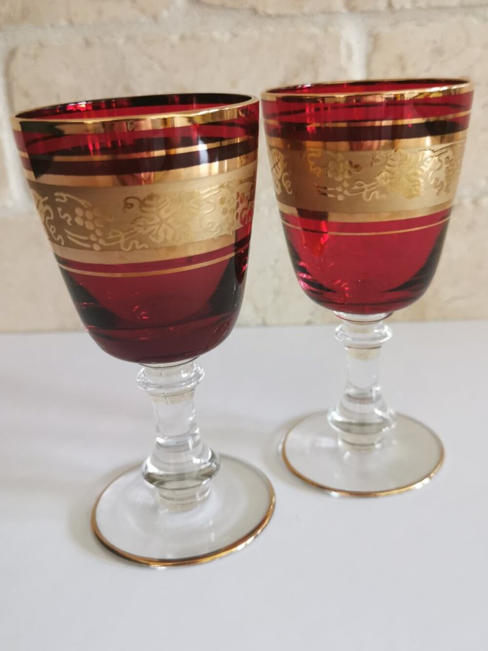 Set of 2 Ruby Red Cordial Glasses Gold Edging Vintage Czech?